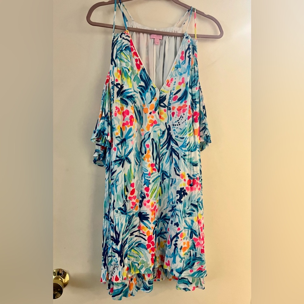 Lilly Pulitzer Blue Pink V-Neck Dress With Cut Out Shoulder Sleeves